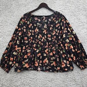 Old Navy Shirt Womens 3X Black Floral Smocked Puff Sleeves Dark Cottage Peasant‎